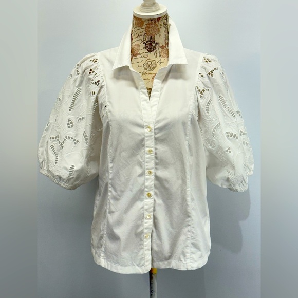 NIC+ZOE White puff eyelet sleeve button down top size L - Picture 2 of 15